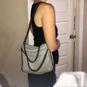 Silver Fold-over chain leather shoulder bag